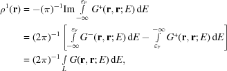 [\eqalign{\rho ^1 ({\bf r}) & = - (\pi)^{-1}{\rm Im} \textstyle\int\limits_{ - \infty }^{\varepsilon _{\rm F} } G^ + ({\bf r},{\bf r};E)\,{\rm d}E \cr & = (2\pi)^{-1} \left[ {\textstyle\int\limits_{- \infty} ^{\varepsilon _{\rm F} }} G^ - ({\bf r},{\bf r};E)\,{\rm d}E - \textstyle\int\limits_{\varepsilon _{\rm F }}^{ - \infty } G^ + ({\bf r},{\bf r};E)\,{\rm d}E \right] \cr & = (2\pi)^{-1} \textstyle\int\limits_L {G({\bf r},{\bf r};E)\,{\rm d}E},}]