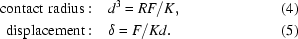 [\eqalignno{{\rm{contact\,\,radius}}:&\quad d^3=RF/K,&(4)\cr{\rm{displacement}}:&\quad \delta=F/Kd.&(5)}]