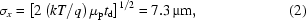 [\sigma_x=\left[2\left(kT/q\right)\mu_{\rm{p}}t_{\rm{d}}\right]^{1/2}=7.3\,\micro{\rm{m}},\eqno(2)]