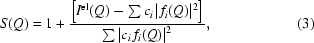 [S(Q)=1+{{\left[I^{\rm{el}}(Q)-\textstyle\sum{c_i|\,f_i(Q)|^2}\right]}\over{\textstyle\sum{|c_i\,f_i(Q)|^2}}},\eqno(3)]
