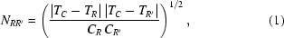 [N_{RR'}=\left({|T_C-T_R|\,|T_C-T_{R'}|}\over{C_R\,C_{R'}}\right)^{1/2},\eqno(1)]