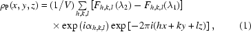 [\eqalignno{\rho_{\rm{P}}(x,y,z)={}&(1/V)\textstyle\sum\limits_{h,k,l}\left[F_{h,k,l}\left(\lambda_2\right)-F_{h,k,l}(\lambda_1)\right]\cr&\times\exp\left(i\alpha_{h,k,l}\right)\exp\left[-2\pi{i}(hx+ky+lz)\right],&(1)}]