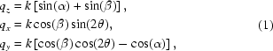 [\eqalign{ & q_z = k\left [{\sin (\alpha) + \sin (\beta)} \right], \cr & q_x = k\cos (\beta)\sin (2\theta), \cr & q_y = k\left [{\cos (\beta)\cos (2\theta) - \cos (\alpha)} \right],}\eqno(1)]