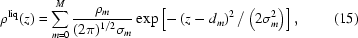 [\rho^{\rm{liq}}(z)=\sum\limits_{m=0}^M{{\rho_m}\over{(2\pi)^{1/2}\sigma_m}}\exp\left[-\left(z-d_m\right)^2/\left(2\sigma_m^2\right)\right],\eqno(15)]