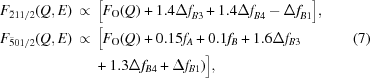 [\eqalign{{F_{\bar211/2}}(Q,E)&\,\propto\, \big [{{F_{\rm O}}(Q) + 1.4\Delta f_{B3}^{} + 1.4\Delta f_{B4}^{} - \Delta f_{B1}^{}} \big], \cr F_{\bar501/2}(Q,E)&\,\propto\, \big [F_{\rm O}(Q) + 0.15f_A + 0.1f_B + 1.6\Delta f_{B3} \cr&\quad\,\,\, +1.3\Delta f_{B4} + \Delta f_{B1}) \big],} \eqno(7)]