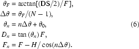 [\eqalign{\theta_{F}&={\rm{arctan}}[({\rm{DS}}/2)/F\,],\cr \Delta\theta&=\theta_{F}/(N-1),\cr \theta_n&=n\Delta\theta+\theta_0,\cr D_n&=\tan\left(\theta_n\right)F,\cr F_n&=F-H/\cos(n\Delta\theta).}\eqno(6)]