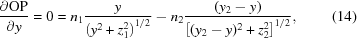 [{{\partial{\rm{OP}}}\over{\partial{y}}}=0 =n_1 {{ y }\over{ \left(y^2+z_1^2\right)^{1/2} }} - n_2{{ (y_2-y) }\over{ \left[(y_2-y)^2+z_2^2\right]^{1/2} }},\eqno(14)]