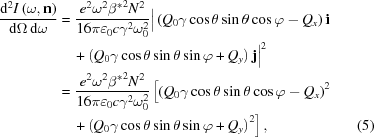 [\eqalignno{ {{ {\rm{d}}^2I\left(\omega,{\bf{n}}\right) }\over{ {\rm{d}}\Omega\,{\rm{d}}\omega }} & = {{ e^2\omega^2{\beta^*}^2{N^2} }\over{ 16\pi\varepsilon_0c\gamma^2\omega_0^2 }} \Big|\left(Q_0\gamma\cos\theta\sin\theta\cos\varphi-Q_x\right){\bf{i}} \cr&\quad + \left(Q_0\gamma\cos\theta\sin\theta\sin\varphi+Q_y\right){\bf{j}}\Big|^2 \cr& = {{ e^2\omega^2{\beta^*}^2N^2 }\over{ 16\pi\varepsilon_0c\gamma^2\omega_0^2 }} \left[\left(Q_0\gamma\cos\theta\sin\theta\cos\varphi-Q_x\right)^2 \right. \cr&\quad \left.+ \left(Q_0\gamma\cos\theta\sin\theta\sin\varphi+Q_y\right)^2\right],&(5)}]