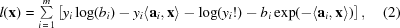 [l({\bf{x}}) = \textstyle\sum\limits_{{i\,=\,1}}^{m}\left[y_{i}\log(b_{i})-y_{i}\langle{\bf{a}}_{i},{\bf{x}}\rangle-\log(y_{i}!)-b_{i}\exp(-\langle{\bf{a}}_{i},{\bf{x}}\rangle)\right],\eqno(2)]