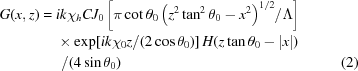 [\eqalignno{G(x,z)={}& ik\chi_hCJ_0\left[\pi\cot\theta_0 \left(z^2\tan^2\theta_0-x^2\right)^{1/2}\!/\Lambda\right] \cr & \times\exp[ik\chi_0z/(2\cos\theta_0)] \,H(z\tan\theta_0-|x|)\cr&\,\,/(4\sin\theta_0)&(2)}]