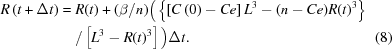 [\eqalignno{R\left(t+\Delta t\right)= {}& R(t)+(\beta/n) \Big(\left\{\left[C\left(0\right)-Ce\right]{L}^{3}-(n-Ce){R(t)}^{3}\right\}\cr&/\left[{L}^{3}-{R(t)}^{3}\right]\Big)\Delta t.&(8)}]