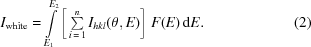 [I_{\rm{white}}=\int\limits_{E_1}^{E_2}\left[\,\textstyle\sum\limits_{i\,=\,1}^nI_{hkl}(\theta,E)\right]\,F(E)\,{\rm{d}}E.\eqno(2)]