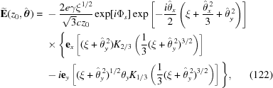[\eqalignno{ {\bf{\widetilde{E}}}(z_0,{\hat{\boldtheta}})= {}& -{{2e\gamma\xi^{1/2}}\over{\sqrt{3}cz_0}} \exp[i\Phi_s] \exp\left[-{{i\hat{\theta}_x}\over{2}} \left(\xi+{{\hat{\theta}_x^{\,2}}\over{3}}+\hat{\theta}_y^{\,2}\right)\right]\cr& \times\Bigg\{ {\bf{e}}_x \left[(\xi+\hat{\theta}_y^{\,2})K_{2/3} \left({{1}\over{3}} (\xi+\hat{\theta}_y^{\,2})^{3/2}\right)\right] \cr& -i{\bf{e}}_y \left[(\xi+\hat{\theta}_y^{\,2})^{1/2} \theta_yK_{1/3} \left({{1}\over{3}} (\xi+\hat{\theta}_y^{\,2})^{3/2}\right)\right] \Bigg\}, &(122)}]