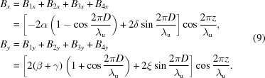 [\eqalign{ B_{x} &= B_{1x}+B_{2x}+B_{3x}+B_{4x} \cr&= \left[-2\alpha\left(1-\cos{{2\pi D} \over {\lambda_{\rm{u}}}}\right)+2\delta\sin{{2\pi D} \over {\lambda_{\rm{u}}}}\right]\cos{{2\pi z} \over {\lambda_{\rm{u}}}},\cr B_{y} &= B_{1y}+B_{2y}+B_{3y}+B_{4y} \cr&= \left[2(\beta+\gamma)\left(1+\cos{{2\pi D} \over {\lambda_{\rm{u}}}}\right)+2\xi\sin{{2\pi D} \over {\lambda_{\rm{u}}}}\right]\cos{{2\pi z} \over {\lambda_{\rm{u}}}}. }\eqno(9)]