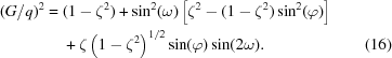 [\eqalignno{ (G/q)^2 = {}& (1 - \zeta^{2}) + \sin^{2}(\omega) \left [\zeta^{2} - (1 - \zeta^{2})\sin^{2}(\varphi) \right] \cr& + \zeta\left(1 - \zeta^2\right)^{1/2}\sin(\varphi)\sin(2\omega).&(16)}]