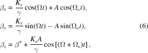 [\eqalign{ {\beta _x} &= {{{K_{\rm{c}}}} \over \gamma }\cos (\Omega t) + A\cos ({\Omega_{\rm{c}}}t), \cr {\beta _y} & = {{{K_{\rm{c}}}} \over \gamma }\sin (\Omega t) - A\sin ({\Omega_{\rm{c}}}t), \cr {\beta _z} &= {\beta ^*} + {{{K_{\rm{c}}}A} \over \gamma }\cos \left[ {(\Omega + {\Omega_{\rm{c}}})t} \right] ,}\eqno(6)]