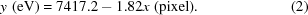 [y\,\,{\rm{(eV)}}= 7417.2-1.82x\,\,{\rm{(pixel)}}.\eqno(2)]