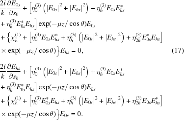 [\eqalignno{ & {{2i} \over k}{{\partial {E_{0s}}} \over {\partial {s_0}}} + \Big[{\eta}_0^{(3)}\left({{{\left| {{E_{0s}}} \right|}^2} + {{\left| {{E_{hs}}} \right|}^2}} \right) + {\eta}_h^{(3)}{E_{0s}}E_{hs}^* \cr& + {\eta}_{\bar h}^{(3)}E_{0s}^*{E_{hs}}\Big] \exp(-\mu{z}/\cos\theta){E_{0s}} \cr& + \Big\{ {\chi}_{\bar h}^{(1)} + \left[{{\eta}_0^{(3)}{E_{0s}}E_{hs}^* + {\eta}_{\bar h}^{(3)}\left({{{\left| {{E_{0s}}} \right|}^2} + {{\left| {{E_{hs}}} \right|}^2}} \right) + {\eta}_{2\bar h}^{(3)}E_{0s}^*{E_{hs}}} \right] \cr& \times \exp(-\mu{z}/\cos\theta)\Big\}_{\vphantom{\Big|}}{E_{hs}} = 0, &(17)\cr& {{2i} \over k}{{\partial {E_{hs}}} \over {\partial {s_h}}} + \Big[{\eta}_0^{(3)}\left({{{\left| {{E_{0s}}} \right|}^2} + {{\left| {{E_{hs}}} \right|}^2}} \right) + {\eta}_h^{(3)}{E_{0s}}E_{hs}^* \cr& + {\eta}_{\bar h}^{(3)}E_{0s}^*{E_{hs}}\Big] \exp(-\mu{z}/\cos\theta){E_{hs}} \cr& + \Big\{{\chi}_h^{(1)} + \left[{{\eta}_0^{(3)}E_{0s}^*{E_{hs}} + {\eta}_h^{(3)}\left({{{\left| {{E_{0s}}} \right|}^2} + {{\left| {{E_{hs}}} \right|}^2}} \right) + {\eta}_{2h}^{(3)}{E_{0s}}E_{hs}^*} \right] \cr& \times \exp(-\mu{z}/\cos\theta) \Big\}{E_{0s}} = 0. }]