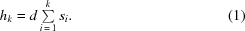 [{h_k} = d\textstyle\sum\limits_{i\,=\,1}^k {{s_i}}. \eqno(1)]