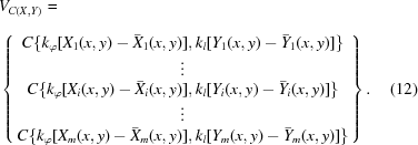 [\eqalignno{ & V_{C(X,Y)}_{\vphantom{\Big|}}= \cr& \left\{ \matrix{ C\{k_\varphi[X_1(x,y)-\bar X_1(x,y)],k_l[Y_1(x,y)-\bar Y_1(x,y)]\} \cr \vdots \cr C\{k_\varphi[X_i(x,y)-\bar X_i(x,y)],k_l[Y_i(x,y)-\bar Y_i(x,y)]\} \cr \vdots \cr C\{k_\varphi[X_m(x,y)-\bar X_m(x,y)],k_l[Y_m(x,y)-\bar Y_m(x,y)]\} } \right\}. &(12)}]