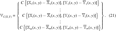 [{{\bb V}}_{C\left(X,Y\right)} = \left\{\!\matrix{\matrix{C\left\{{[{\bb X}}_{1}(x,y)-{ \overline{{\bb X}}}_{1}(x,y)],[{{\bb Y}}_{1}(x,y)-{ \overline{{\bb Y}}}_{1}(x,y)]\right\}\cr \vdots \cr C\left\{{[{\bb X}}_{i}(x,y)-{ \overline{{\bb X}}}_{i}(x,y)],[{{\bb Y}}_{i}(x,y)-{ \overline{{\bb Y}}}_{i}(x,y)]\right\}}\cr \vdots \cr C\left\{{[{\bb X}}_{m}(x,y)-{ \overline{{\bb X}}}_{m}(x,y)],[{{\bb Y}}_{m}(x,y)-{ \overline{{\bb Y}}}_{m}(x,y)]\right\}}\!\right\}. \eqno(21)]