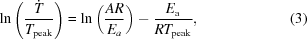 [\ln\left({{\dot{T}}\over{T_{\rm{peak}}}}\right) = \ln\left({{AR}\over{E_{a}}}\right) - {{E_{\rm{a}}}\over{RT_{\rm{peak}}}}, \eqno(3)]