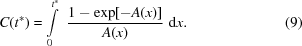 [C(t^{\ast}) = \int\limits_0^{t^{\ast}}\,\, {{ 1-\exp[-A(x)] }\over{ A(x) }}\,\,{\rm{d}}x. \eqno(9)]