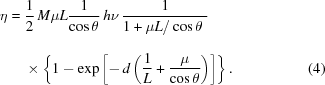 [\eqaligno{\ta={}&{1\over2}\，M\mu{L}{1}\ over{cos\theta}\，h\nu\，{1}\over{1+\mu{L2}/\cos\theta{\phant{\big|}}}}\cr&\times\left\{1-\exp\left[-\，d\left右）\right]\right\}&(4)}]