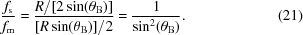 [{{f_{\rm{s}}} \over {f_{\rm{m}}}} = {{ {{R}/[{2\sin(\theta_{\rm{B}})}}] }\over{ [{{R\sin(\theta_{\rm{B}})]}/{2}}}} = {{1} \over {\sin^{2}(\theta_{\rm{B}})}}. \eqno(21)]