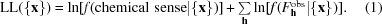 [{\rm LL} (\{ {\bf x}\}) = \ln[f({\rm chemical}\,\,{\rm sense} | \{{\bf x}\})] + \textstyle \sum \limits_{\bf h} \ln [f(F^{\rm obs}_{\bf h}| \{ {\bf x}\})] . \eqno (1)]