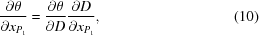 [{{\partial \theta} \over {\partial x_{P_1}}} = {{\partial \theta} \over {\partial D}} {{\partial D} \over {\partial x_{P_1}}}, \eqno(10)]