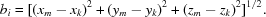 [b_i = [(x_m-x_k)^2 + (y_m-y_k)^2 + (z_m-z_k)^2]^{1/2}.]