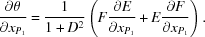 [{{\partial \theta} \over {\partial x_{P_1} }} = {{1} \over {1+D^2}} \left(F {{ \partial E} \over {\partial x_{P_1} }} + E {{\partial F} \over {\partial x_{P_1} }} \right). ]
