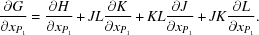 [{{\partial G} \over {\partial x_{P_1} }} = {{\partial H} \over {\partial x_{P_1} }} + JL {{\partial K} \over {\partial x_{P_1} }} + KL {{\partial J} \over {\partial x_{P_1} }} + JK {{\partial L} \over {\partial x_{P_1} }}.]