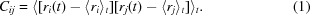[C_{ij} = \langle [ r_i(t) - \langle r_i \rangle_t ] [ r_j(t) - \langle r_j \rangle_t ]\rangle _t. \eqno(1)]