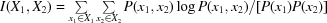 [I(X_1,X_2) = \textstyle\sum\limits_{x_1\in X_1}\textstyle\sum\limits_{x_2\in X_2} P(x_1,x_2) \log {{P(x_1,x_2)}/[{P(x_1)P(x_2)}]}]
