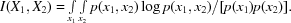 [I(X_1,X_2) = \textstyle\int\limits_{x_1}\textstyle\int\limits_{x_2} p(x_1,x_2) \log {{p(x_1,x_2)}/[{p(x_1)p(x_2)}]}.]