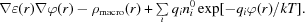 [\nabla \varepsilon (r)\nabla \varphi (r) - \rho _{\rm macro} (r) + \textstyle \sum\limits_i q_i n_i^0 \exp [-q_{i}\varphi(r)/kT].]