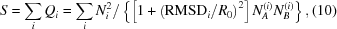 [S = \sum\limits_i Q_i = \sum\limits_i {{N_i^2}/ \left\{{\left[1+\left({\rm RMSD}_i/R_0\right)^2\right]N_A^{(i)}N_B^{(i)}}}\right\}, \eqno(10)]