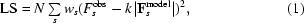 [{\rm LS} = N\textstyle \sum \limits_{s}w_{s}(F_{s}^{\rm obs} - k|{\bf F}_{s}^{\rm model}|)^{2}, \eqno (1)]