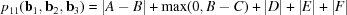 [p_{11}({\bf b}_1,{\bf b}_2,{\bf b}_3) = |A-B|+\max(0,B-C)+|D|+|E|+|F|]