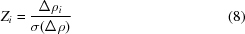 [{Z_i} = {{\Delta {\rho _i}} \over {\sigma (\Delta \rho)}} \eqno(8)]