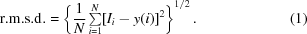 [{\rm r.m.s.d.} = \left \{{1 \over N}\textstyle\sum \limits_{i = 1}^N [I_i - y(i)]^2\right\}^{1/2}. \eqno (1)]