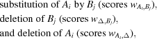 [\eqalign{& {\rm substitution\ of\ }A_{i}\ {\rm by\ } B_{j}\ ({\rm scores\ } w_{A_{i}, B_{j}}),\cr & {\rm deletion\ of\ }B_{j}\ ({\rm scores\ } w_{\Delta,B_{j}}), \cr & {\rm and\ deletion\ of\ }A_{i}\ ({\rm scores\ } w_{A_{i},\Delta}),}]