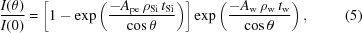 [{{I(\theta)}\over{I(0)}}=\left[{1-\exp\left({{{-A_{\rm{pe}}\,\rho_{\rm{Si}}\,t_{\rm{Si}}}\over{\cos\theta}}}\right)}\right]\exp\left({{{-A_{\rm{w}}\,\rho_{\rm{w}}\,t_{\rm{w}}}\over{\cos\theta}}}\right),\eqno(5)]
