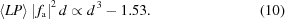 [\left\langle{LP}\right\rangle\left|\,f_{\rm{a}}\right|^2d\propto{d^{\,3}-1.53}.\eqno(10)]