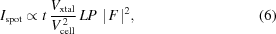 [I_{{\rm{spot}}}\propto{t}\,{{V_{{\rm{xtal}}}}\over{{V_{{\rm{cell}}}^{\,2}}}}\,LP\,\,|\,F\,|^2,\eqno(6)]