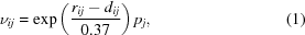 [\nu_{ij} = \exp \left({{r_{ij}-d_{ij}}\over{0.37}}\right) p_j, \eqno (1)]