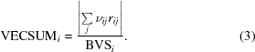 [{\rm VECSUM}_i = {{\left|\textstyle \sum \limits_j \nu_{ij}r_{ij}\right|} \over {{\rm BVS}_i}}. \eqno (3)]