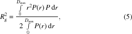 [R_{\rm g}^{2} = {{\textstyle \int \limits_{0}^{D_{\rm max}}r^{2} P(r)\,P\,{\rm d}r} \over {2\textstyle \int \limits_0^{D_{\rm max}}P(r)\,{\rm d}r}}, \eqno (5)]